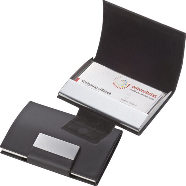 Business card holder with artificial leather covering