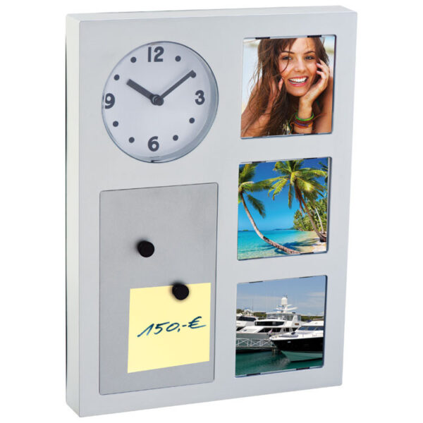 Wall clock with pin board and compartments for pictures